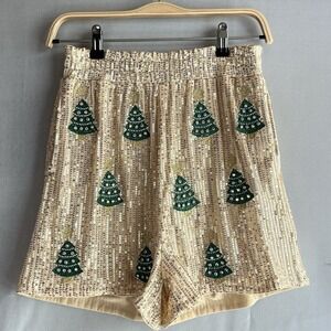 Christmas Tree Rhinestone Gold Sequin Shorts Women's Small Holiday Party Sparkly